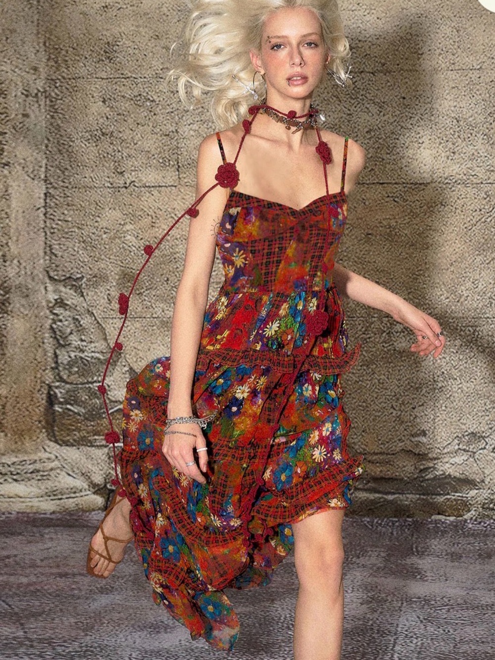Floral Plaid Red Boho Maxi Dress with Spaghetti Straps nwt - Picture 5 of 10